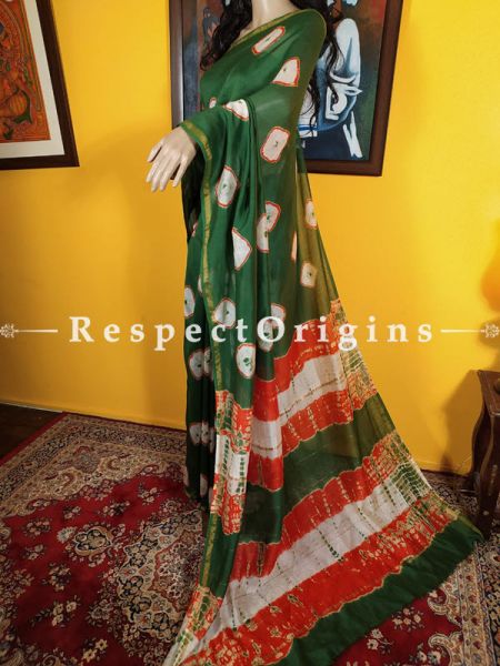 Leheriya Green Orange and White Chanderi Silk Saree with Zari Border ; Blouse included.; RespectOrigins.com