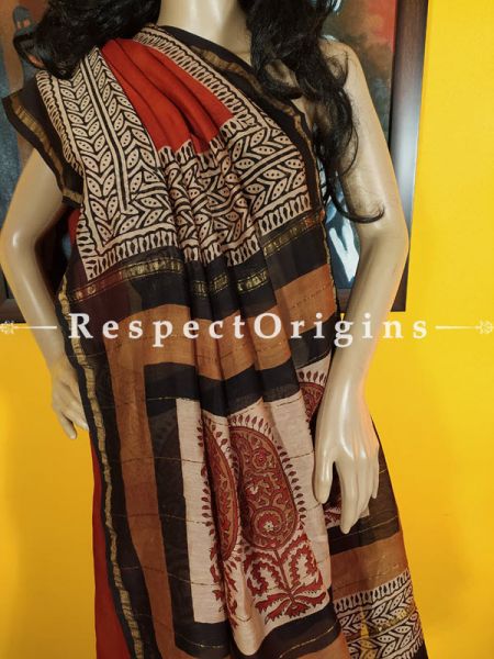 Chanderi Silk Saree with Zari Border in Brick Red and Brown; Blouse included.; RespectOrigins.com