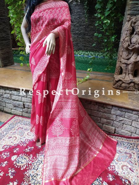 Red Chanderi Silk Saree with Sangneri Block Prints; Blouse included; RespectOrigins.com