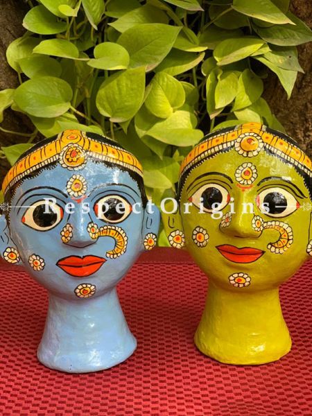 Buy Buy Hand Painted Set of Woman Cheriyal Mask Cutlery Holder in Blue And Yellow At RespectOrigins.com