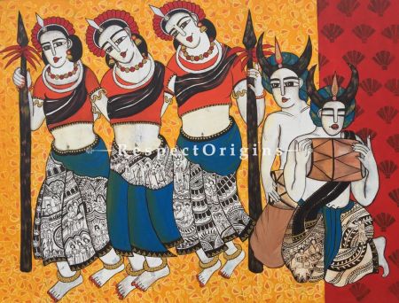 Horizontal Art Painting of Chhattisgarhi Tribal Dancer ;Acrylic on Canvas; 48in X 36in at RespectOrigins.com