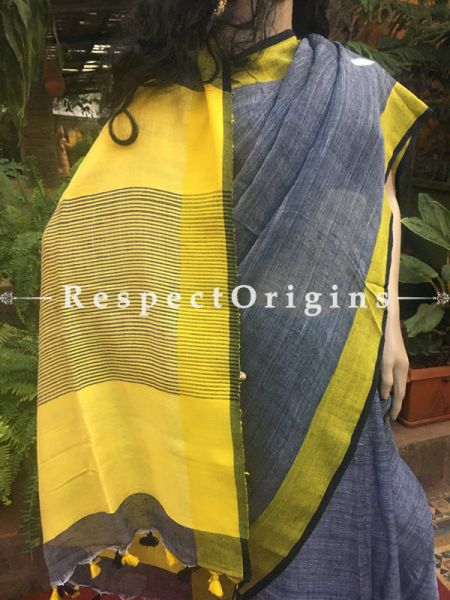 Classy Grey Linen Saree; Yellow Border, RespectOrigins.com