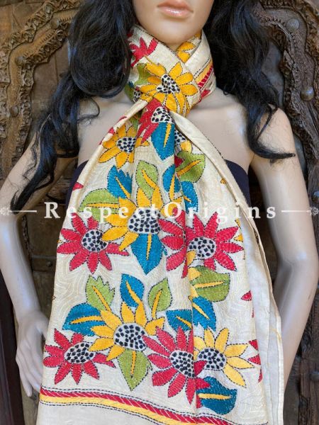 Colourful Cream Kantha Embroidered Silk Stole, Scarf Gift; RespectOrigins.com