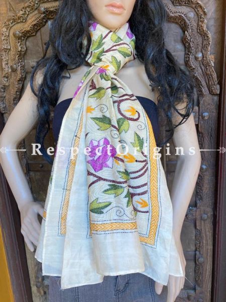 Colourful Ivory Kantha Embroidered Silk Stole, Scarf Gift; RespectOrigins.com