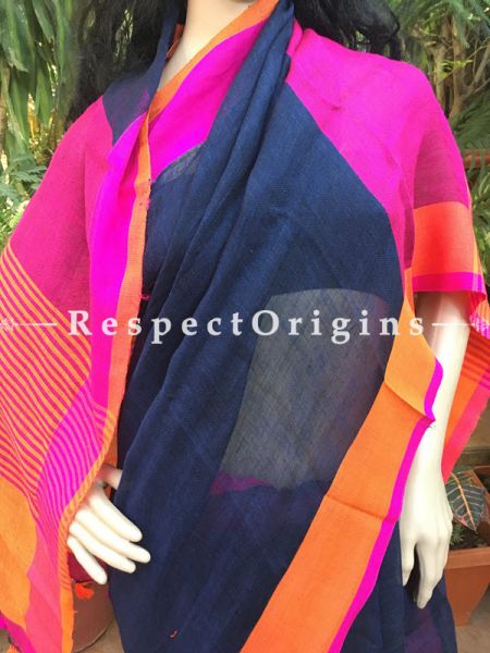 Contrast Blue Handloom Linen Saree; Pink and orange  Border, RespectOrigins.com
