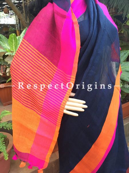 Contrast Blue Handloom Linen Saree; Pink and orange  Border, RespectOrigins.com