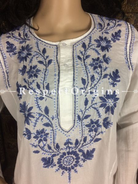 Elegant Ladies Long Kurti White Cotton with Blue Lucknowi Chikankari Embroidery with ethnic Motifs; Size 40 ; RespectOrigins.com