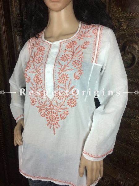 Lovely Ladies Long Kurti White Cotton with Orange Lucknowi Chikankari Embroidery with ethnic Motifs; Size 38; RespectOrigins.com