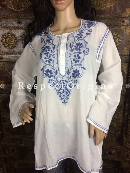 Dashing Ladies Long Kurti White Cotton with Blue Lucknowi Chikankari Embroidery with ethnic Motifs; Size 48; RespectOrigins.com