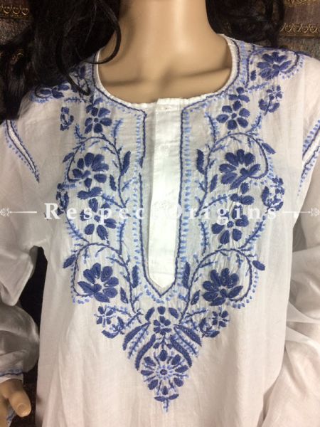 Dashing Ladies Long Kurti White Cotton with Blue Lucknowi Chikankari Embroidery with ethnic Motifs; Size 48; RespectOrigins.com
