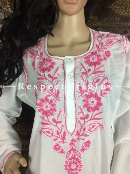 Elegant Ladies Long Kurti White Cotton with Pink Lucknowi Chikankari Embroidery with ethnic Motifs; Size 42; RespectOrigins.com