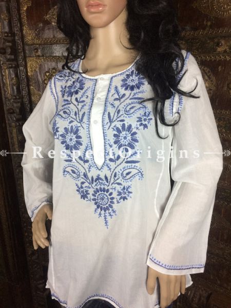 Fashionable Ladies Long Kurti White Cotton with Blue Lucknowi Chikankari Embroidery with ethnic Motifs; Size 38; RespectOrigins.com