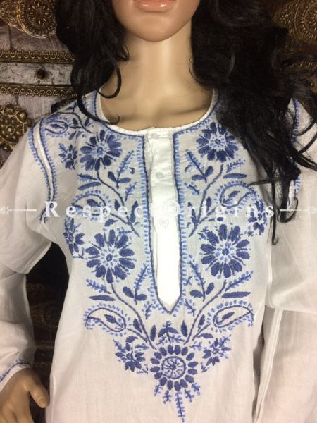 Fashionable Ladies Long Kurti White Cotton with Blue Lucknowi Chikankari Embroidery with ethnic Motifs; Size 38; RespectOrigins.com