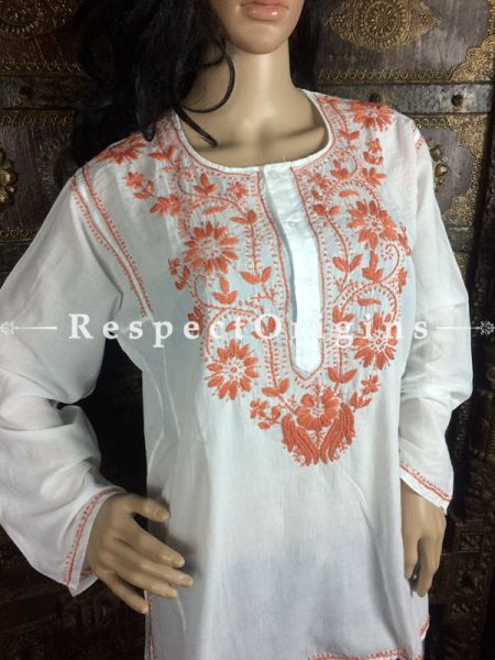 Stylish Ladies Long Kurti White Cotton with Pale  Orange  Lucknowi Chikankari Embroidery with ethnic Motifs; Size 48; RespectOrigins.com