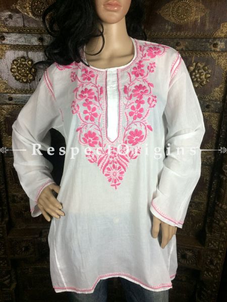 Trendy Ladies Long Kurti White Cotton with Baby Pink Lucknowi Chikankari Embroidery with ethnic Motifs; Size 48; RespectOrigins.com