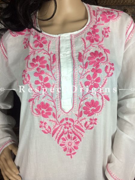 Trendy Ladies Long Kurti White Cotton with Baby Pink Lucknowi Chikankari Embroidery with ethnic Motifs; Size 48; RespectOrigins.com