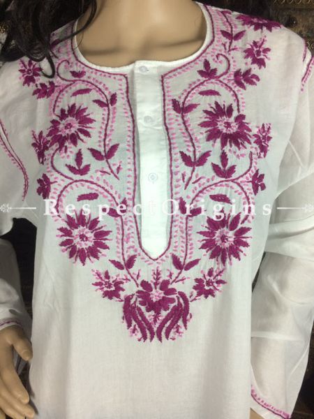 Modish Ladies Long Kurti White Cotton with Purple Lucknowi Chikankari Embroidery with ethnic Motifs; Size 48; RespectOrigins.com