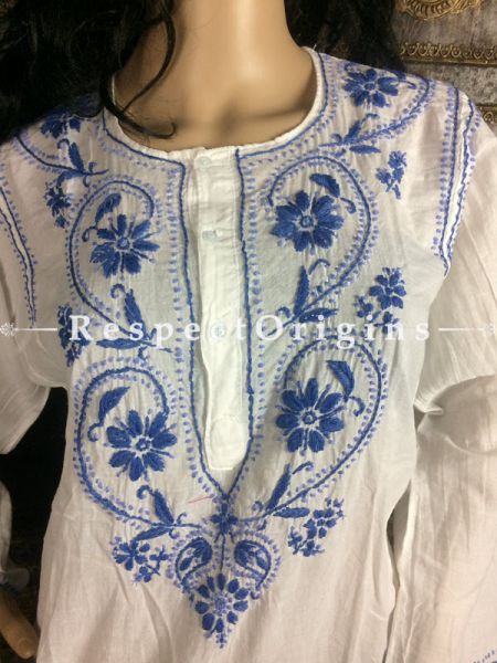 Graceful Ladies Long Kurti White Cotton with Blue Lucknowi Chikankari Embroidery with ethnic Motifs; Size 44; RespectOrigins.com