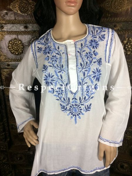 Chic Ladies Long Kurti White Cotton with Blue Lucknowi Chikankari Embroidery with ethnic Motifs; Size 40; RespectOrigins.com