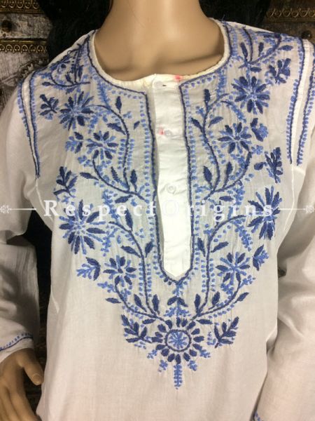 Chic Ladies Long Kurti White Cotton with Blue Lucknowi Chikankari Embroidery with ethnic Motifs; Size 40; RespectOrigins.com