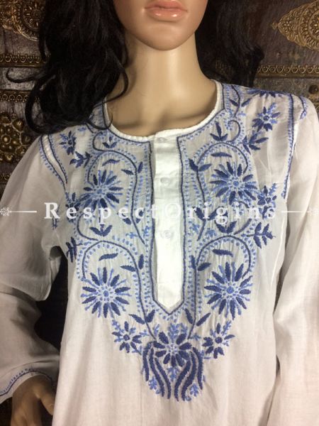 Cheerful Ladies Long Kurti White Cotton with Blue Lucknowi Chikankari Embroidery with ethnic Motifs; Size 42; RespectOrigins.com