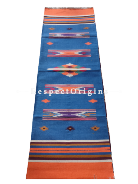 Blue With Orange Border Waranagal Interlocked Cotton Floor Runner with Geometrical Design ; Size 2x6 Ft; RespectOrigins.com