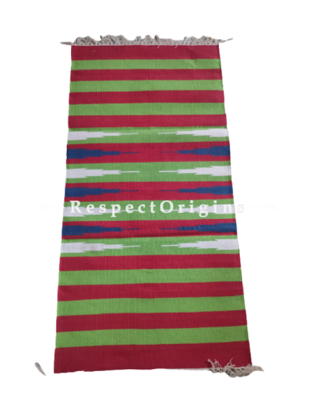 Green with Red Stripes  Waranagal Interlocked Cotton Floor Runner with Geometrical Design ; Size 2x6 Ft; RespectOrigins.com