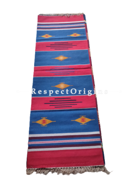 Blue Waranagal Interlocked Cotton Floor Runner with Geometrical Design ; Size 2x6 Ft; RespectOrigins.com