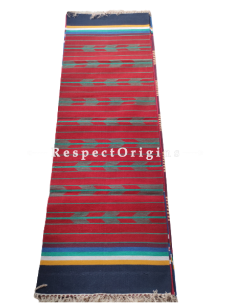 Red Waranagal Interlocked Cotton Floor Runner with Geometrical Design ; Size 2x6 Ft; RespectOrigins.com