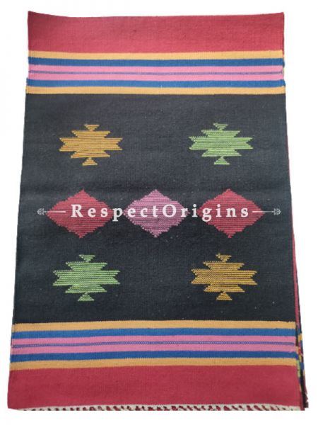 Black Waranagal Interlocked Cotton Rugs  with Geomertical Design