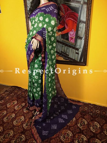 Contrast Bandhani Tie Dye Cotton Saree with Blouse; Multicolour