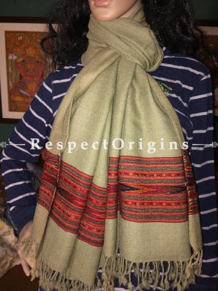 Buy Cream Hand woven Woolen Kullu Stoles From Himachal with red borders; Size 80 x 27 inches at RespectOrigins.com