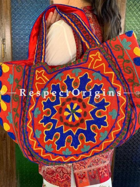 Richly Embroidered Red Satin Lined Crewel Hand Bag; RespectOrigins.com