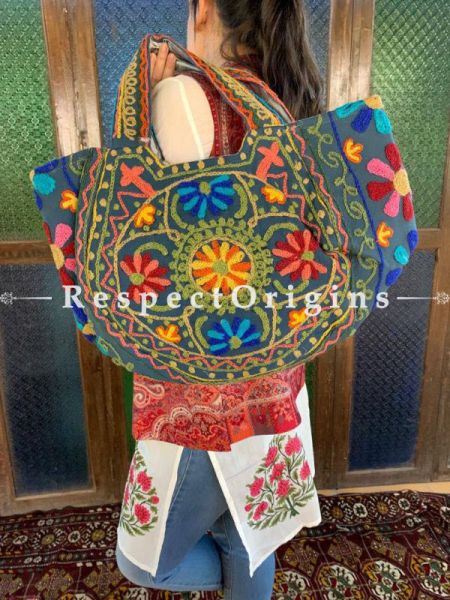 Richly Embroidered Blue Satin Lined Crewel Hand Bag; RespectOrigins.com