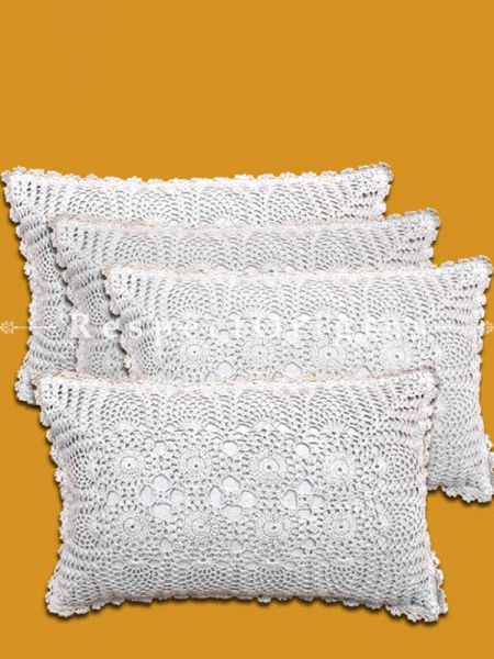 Buy Hand Knitted White Crochet Rectangular Pillow Cases Set of 4; Cotton 20x12 in At RespectOrigins.com