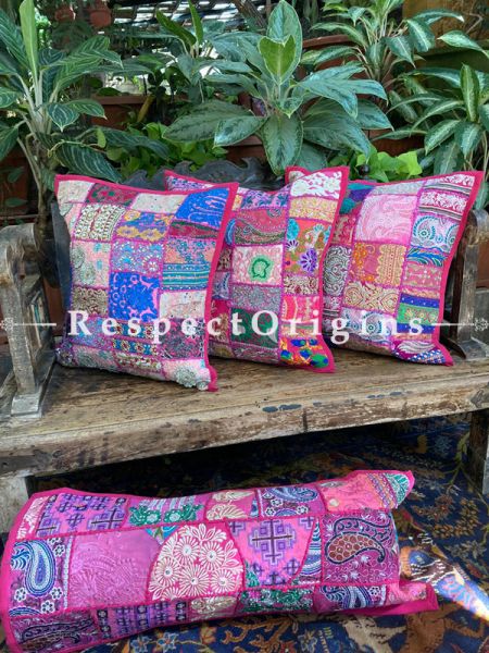 Kambadiya Embroidered Ethnic Throw n Lumbar Cushion cum Runner Gift Set; Hot Pink; RespectOrigins.com