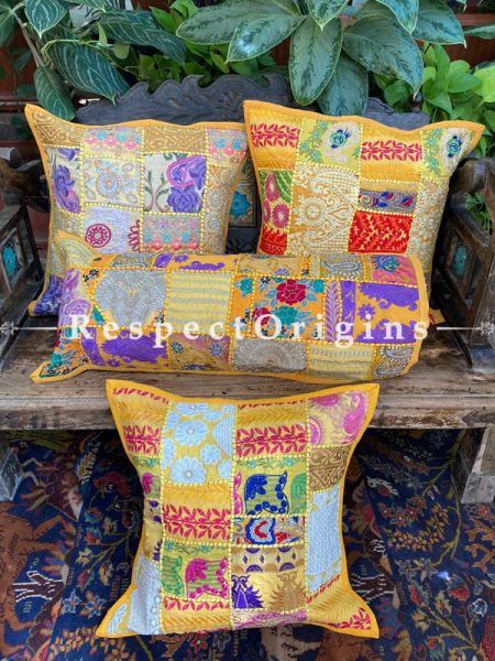 Kambadiya Embroidered Ethnic Throw n Lumbar Cushion cum Runner Gift Set; Honey Yellow; RespectOrigins.com