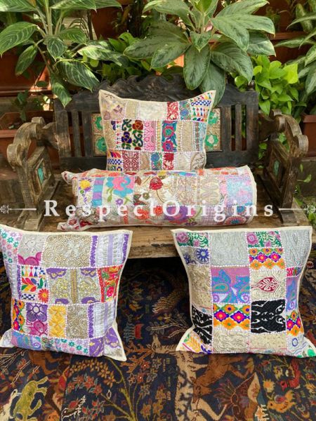 Kambadiya Embroidered Ethnic Throw n Lumbar Cushion cum Runner Gift Set; Cream Coloured; RespectOrigins.com