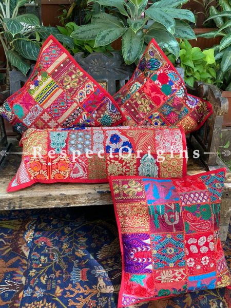 Kambadiya Embroidered Ethnic Throw n Lumbar Cushion cum Runner Gift Set; Red; RespectOrigins.com