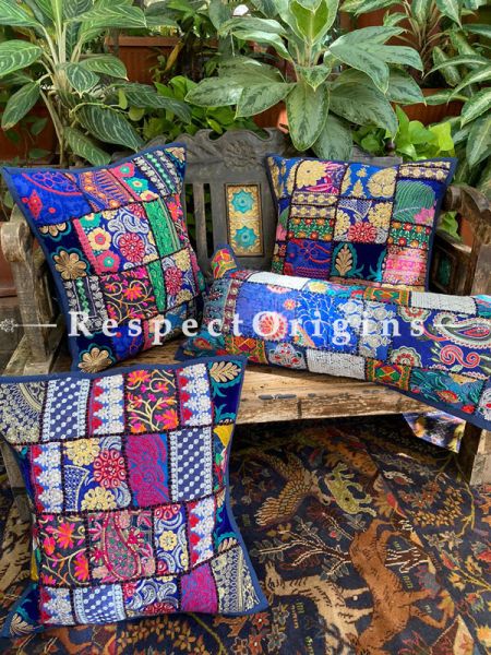 Kambadiya Embroidered Ethnic Throw n Lumbar Cushion cum Runner Gift Set; Steel Blue; RespectOrigins.com