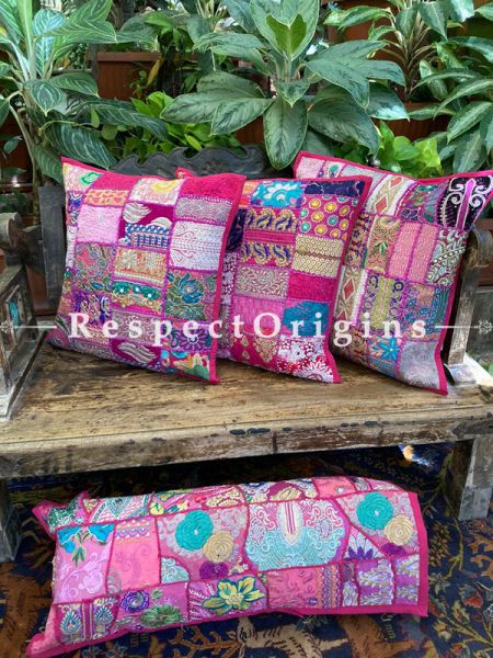 Kambadiya Embroidered Boho Throw n Lumbar Cushion cum Runner Gift Set; Hot Pink; RespectOrigins.com