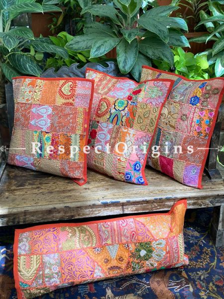 Kambadiya Embroidered Ethnic Throw n Lumbar Cushion cum Runner Gift Set; Tiger Orange; RespectOrigins.com