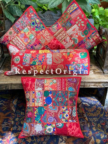 Kambadiya Embroidered Boho Throw n Lumbar Cushion cum Runner Gift Set; Red; RespectOrigins.com