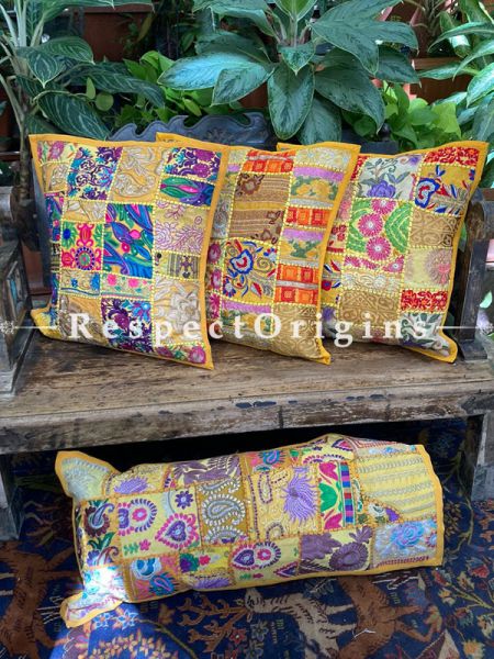 Kambadiya Embroidered Boho Throw n Lumbar Cushion cum Runner Gift Set; Honey Yellow; RespectOrigins.com