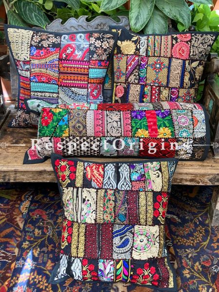 Kambadiya Embroidered Ethnic Throw n Lumbar Cushion cum Runner Gift Set; Black with colourful designs; RespectOrigins.com