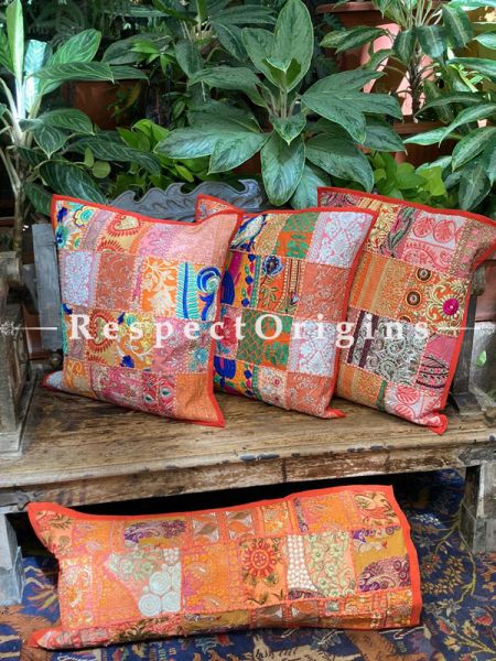 Kambadiya Embroidered Boho Throw n Lumbar Cushion cum Runner Gift Set; Tiger Orange; RespectOrigins.com