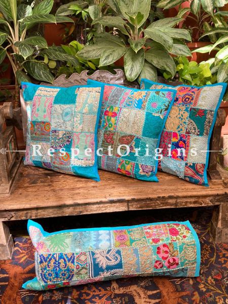 Kambadiya Embroidered Ethnic Throw n Lumbar Cushion cum Runner Gift Set; Sky Blue; RespectOrigins.com