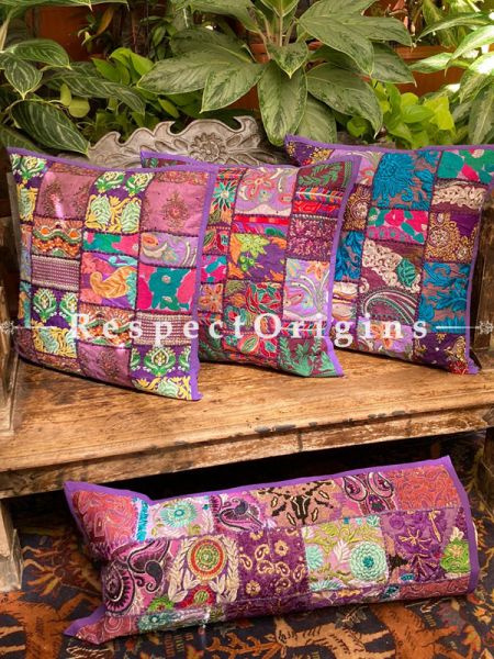 Kambadiya Embroidered Ethnic Throw n Lumbar Cushion cum Runner Gift Set; Purple; RespectOrigins.com