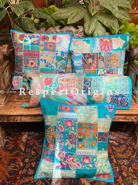 Kambadiya Embroidered Boho Throw n Lumbar Cushion cum Runner Gift Set; Sky Blue; RespectOrigins.com