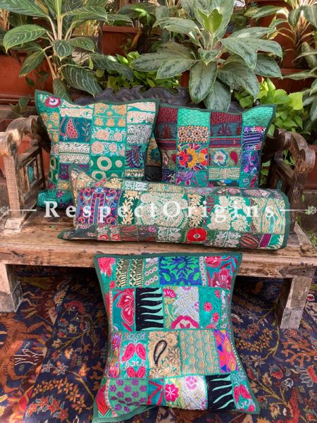Kambadiya Embroidered Ethnic Throw n Lumbar Cushion cum Runner Gift Set;Seaweed Green; RespectOrigins.com